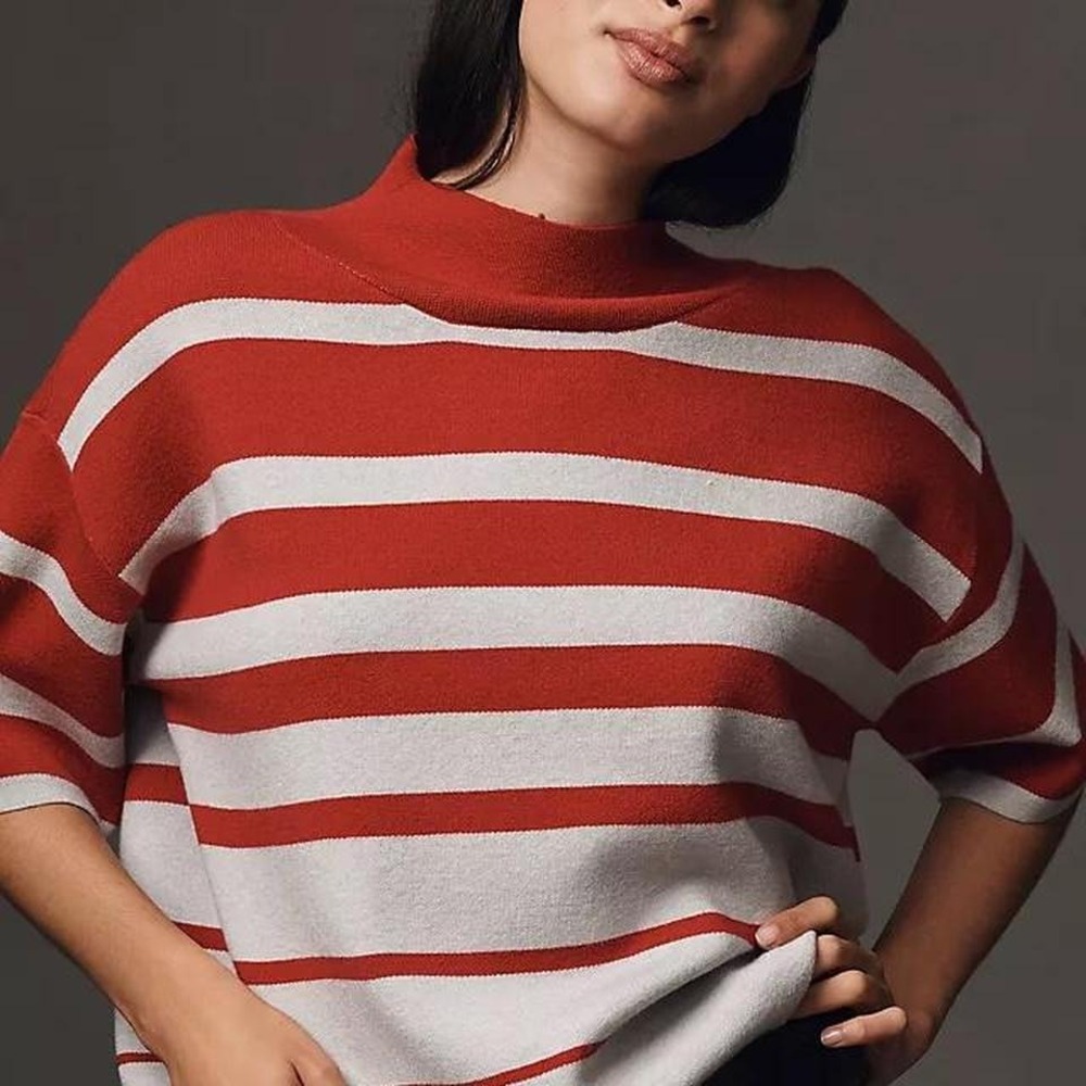 Maeve Carys Mock Neck Stiped Sweater Short Sleeve‎ Small